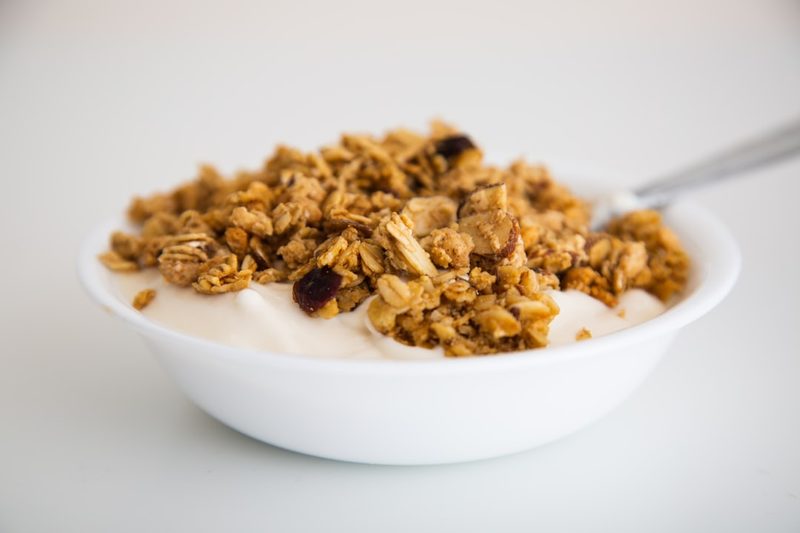 Greek yogurt breakfast bowl with nuts and fruit